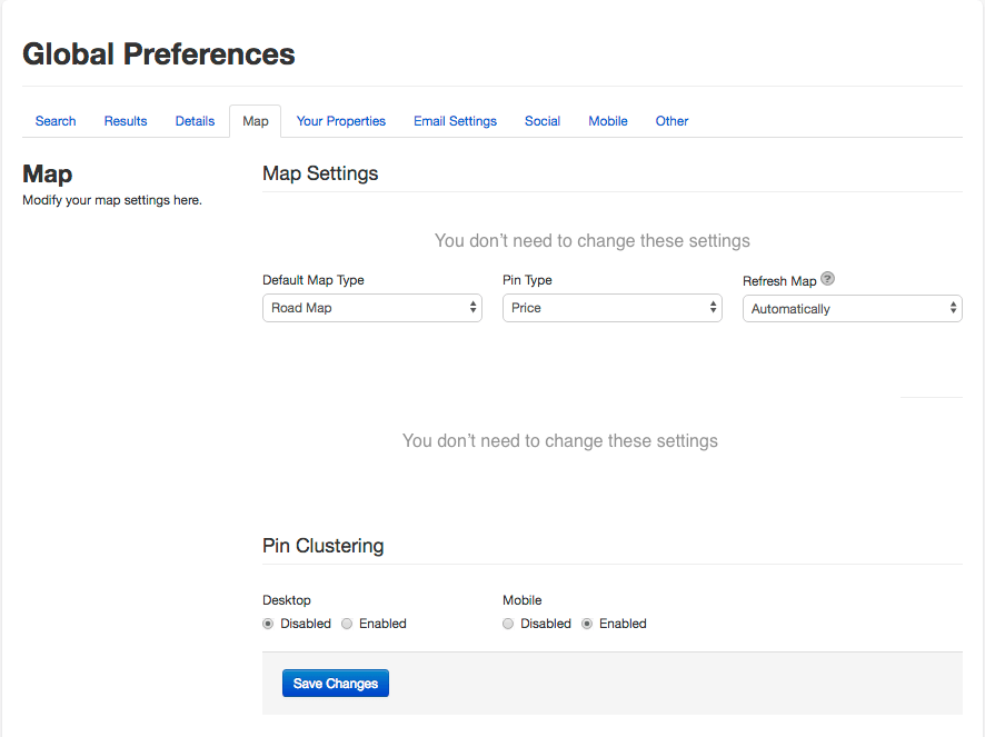 Settings for Maxima Map search for IDX Broker