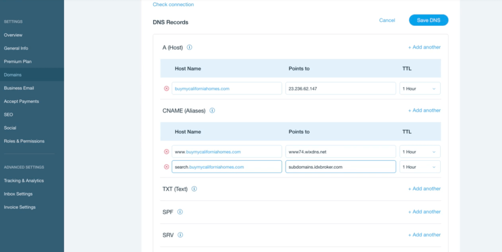 WIX using IDX custom subdomain