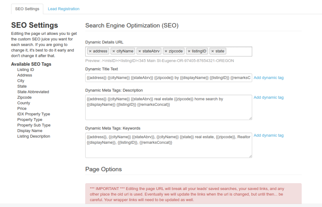 Example of Details page SEO Settings options